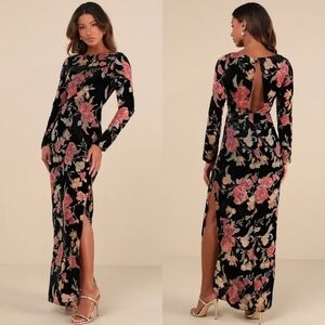 Lulus Glorious Aura Black Velvet Floral Burnout Long Sleeve Maxi Dress S Wedding